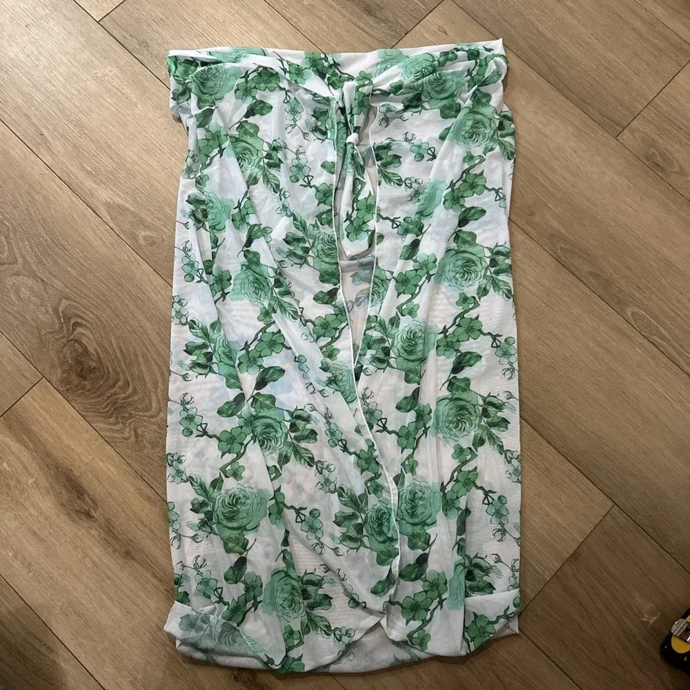 Floral Women's One Piece Swimsuit With Wrap Skirt‎ Green White XXL Tropical NWOT